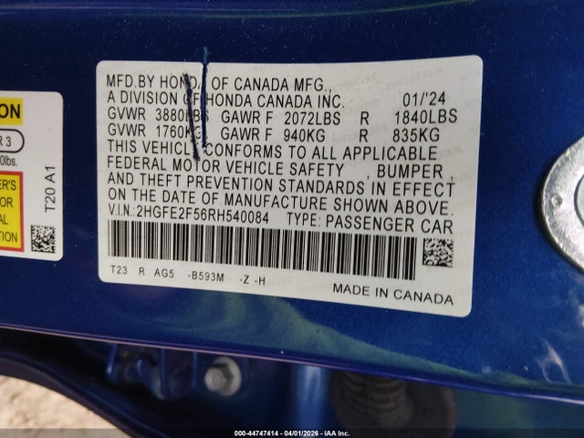 2024 Honda Civic Sport მანქანა იყიდება აუქციონზე, vin: 2HGFE2F56RH540084, აუქციონის ნომერი: 44747414