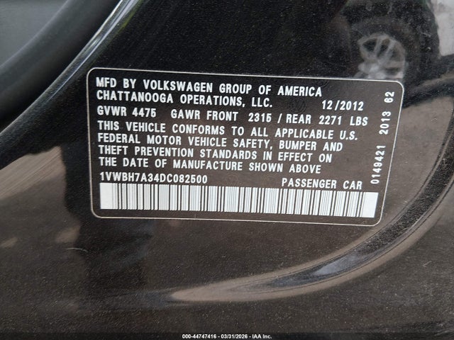 Aukcja sprzedaży 2013 Volkswagen Passat 2.5l Se, vin: 1VWBH7A34DC082500, numer aukcji: 44747416