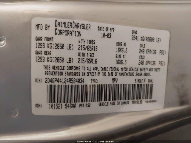 Aukcja sprzedaży 2004 Dodge Grand Caravan Sxt, vin: 2D4GP44L24R584034, numer aukcji: 44747423