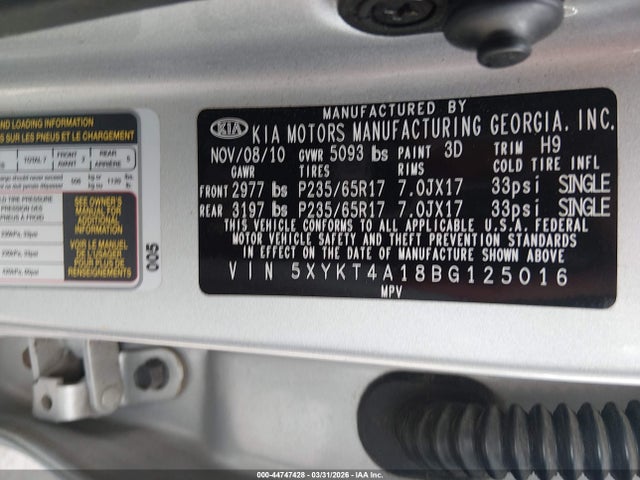 44747428 :رقم المزاد ، 5XYKT4A18BG125016 vin ، 2011 Kia Sorento Lx مزاد بيع