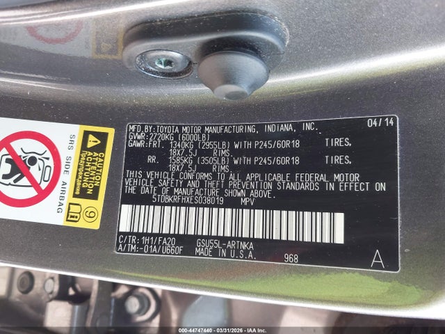 Продажа на аукционе авто 2014 Toyota Highlander, vin: 5TDBKRFHXES038019, номер лота: 44747440