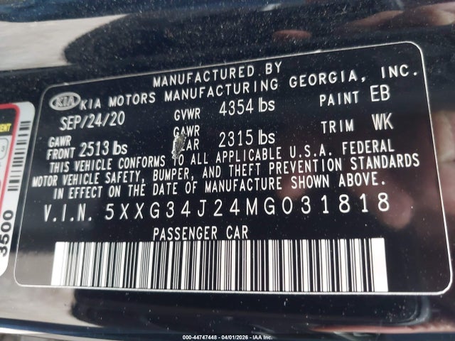 Aukcja sprzedaży 2021 Kia K5 Ex, vin: 5XXG34J24MG031818, numer aukcji: 44747448