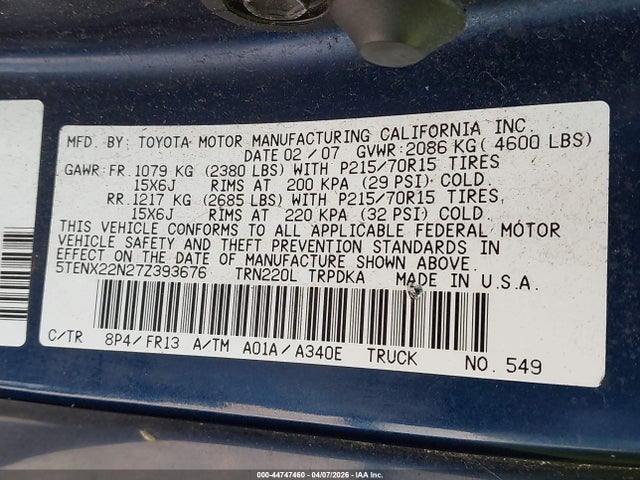 44747460 :رقم المزاد ، 5TENX22N27Z393676 vin ، 2007 Toyota Tacoma مزاد بيع