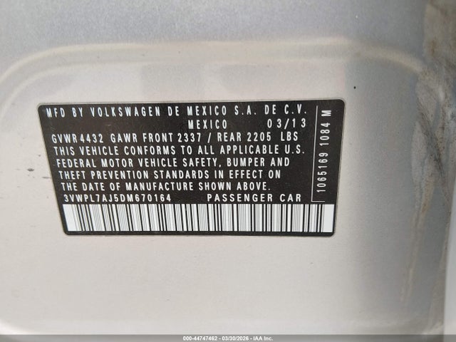 2013 Volkswagen Jetta Sportwagen 2.0l Tdi მანქანა იყიდება აუქციონზე, vin: 3VWPL7AJ5DM670164, აუქციონის ნომერი: 44747462