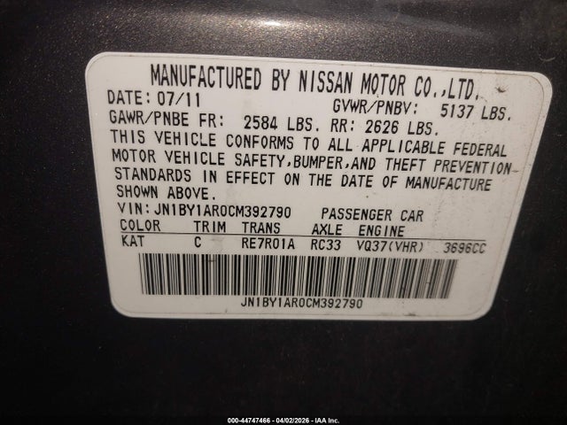 Aukcja sprzedaży 2012 Infiniti M37x, vin: JN1BY1AR0CM392790, numer aukcji: 44747466