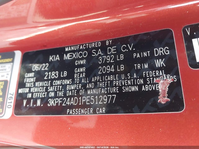 44747482 :رقم المزاد ، 3KPF24AD1PE512977 vin ، 2023 Kia Forte Lxs مزاد بيع