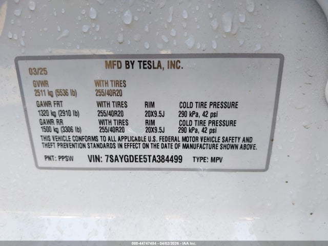 Aukcja sprzedaży 2026 Tesla Model Y All-wheel Drive/long Range Launch Series/premium All-wheel Drive, vin: 7SAYGDEE5TA384499, numer aukcji: 44747484