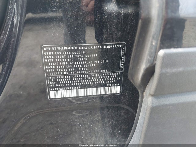2020 Volkswagen Tiguan 2.0t S მანქანა იყიდება აუქციონზე, vin: 3VV0B7AXXLM094681, აუქციონის ნომერი: 44747496