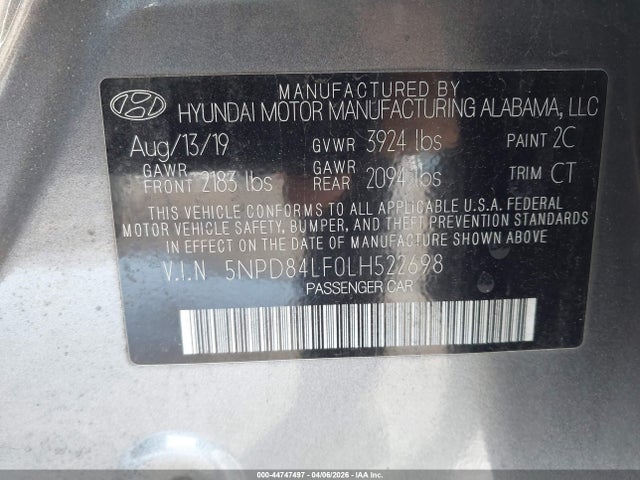Aukcja sprzedaży 2020 Hyundai Elantra Sel, vin: 5NPD84LF0LH522698, numer aukcji: 44747497