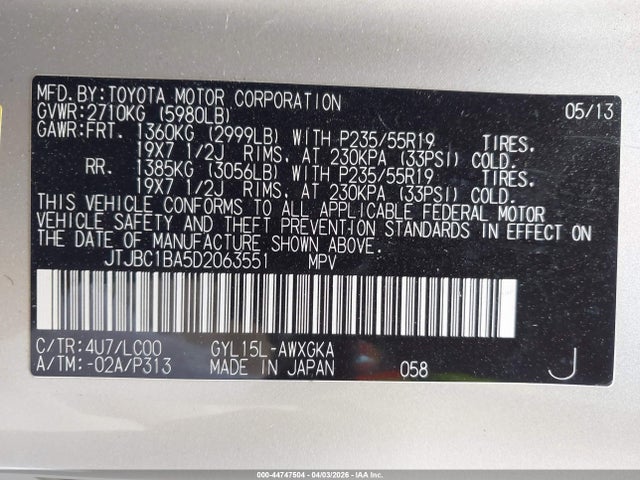 44747504 :رقم المزاد ، JTJBC1BA5D2063551 vin ، 2013 Lexus Rx 450h مزاد بيع