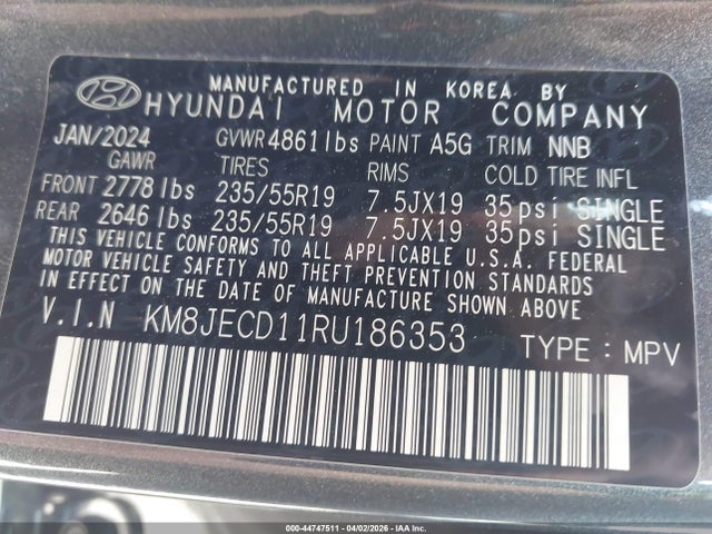 44747511 :رقم المزاد ، KM8JECD11RU186353 vin ، 2024 Hyundai Tucson Hybrid Limited مزاد بيع