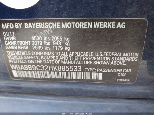 Продаж на аукціоні авто 2017 Bmw 330i, vin: WBA8B9C32HK885533, номер лоту: 44747512