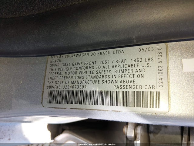 44747516 :رقم المزاد ، 9BWFK61J234073307 vin ، 2003 Volkswagen Golf Gl 2.0l مزاد بيع