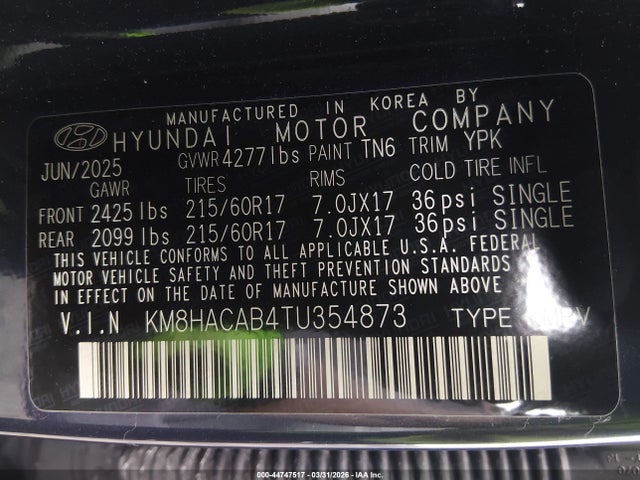 2026 Hyundai Kona Se მანქანა იყიდება აუქციონზე, vin: KM8HACAB4TU354873, აუქციონის ნომერი: 44747517