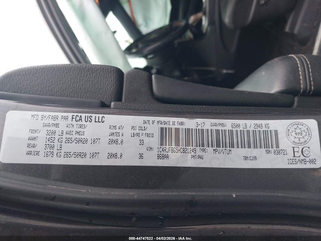 44747522 :رقم المزاد ، 1C4RJFBG5HC821249 vin ، 2017 Jeep Grand Cherokee Limited مزاد بيع