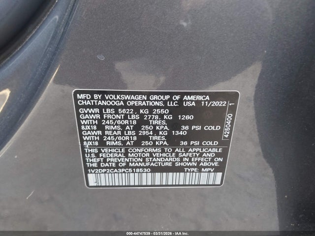 44747539 :رقم المزاد ، 1V2DP2CA3PC518530 vin ، 2023 Volkswagen Atlas 2.0t Se مزاد بيع