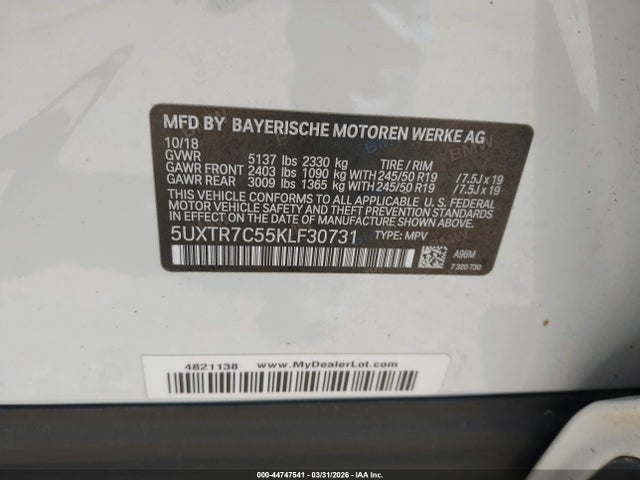 44747541 :رقم المزاد ، 5UXTR7C55KLF30731 vin ، 2019 Bmw X3 Sdrive30i مزاد بيع