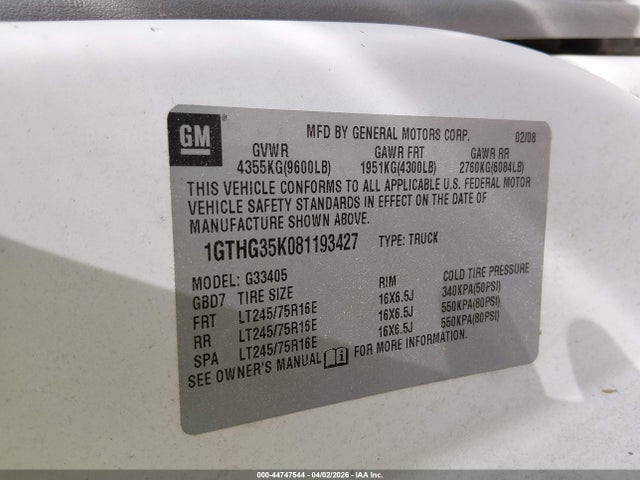 Aukcja sprzedaży 2008 Gmc Savana Work Van, vin: 1GTHG35K081193427, numer aukcji: 44747544