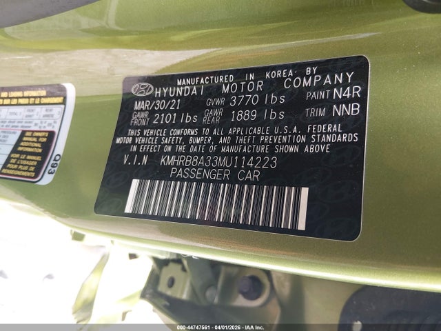 44747561 :رقم المزاد ، KMHRB8A33MU114223 vin ، 2021 Hyundai Venue Se مزاد بيع