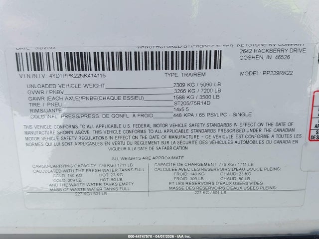 4YDTPPK22NK414115 Keystone Rv Other