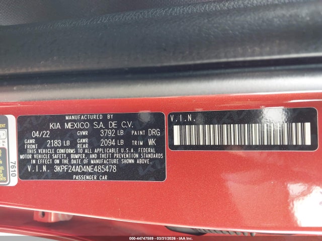 2022 Kia Forte Lxs მანქანა იყიდება აუქციონზე, vin: 3KPF24AD4NE485478, აუქციონის ნომერი: 44747589