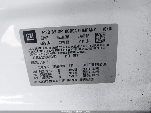 Aukcja sprzedaży 2016 Chevrolet Trax Lt, vin: KL7CJLSB5GB513962, numer aukcji: 44747592