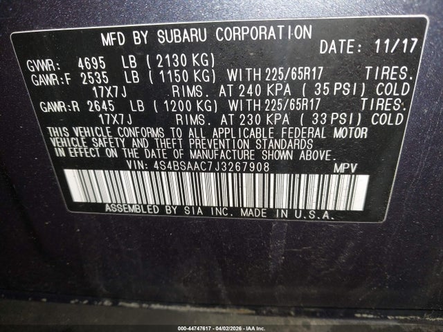 Aukcja sprzedaży 2018 Subaru Outback 2.5i, vin: 4S4BSAAC7J3267908, numer aukcji: 44747617