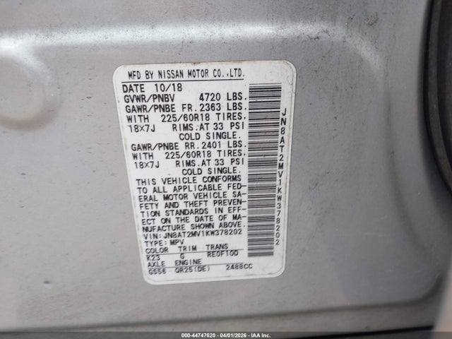 Aukcja sprzedaży 2019 Nissan Rogue Sv, vin: JN8AT2MV1KW378202, numer aukcji: 44747620