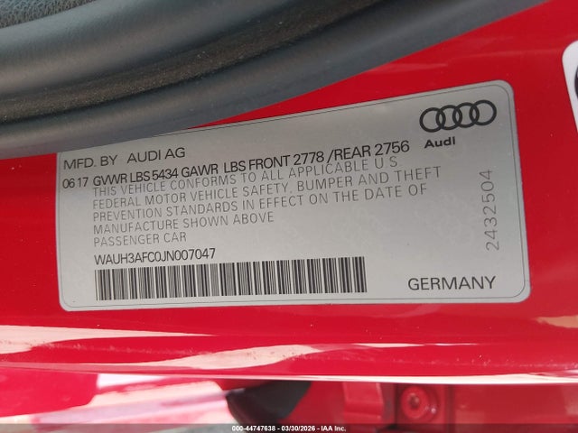 Aukcja sprzedaży 2018 Audi A6 3.0t Premium, vin: WAUH3AFC0JN007047, numer aukcji: 44747638