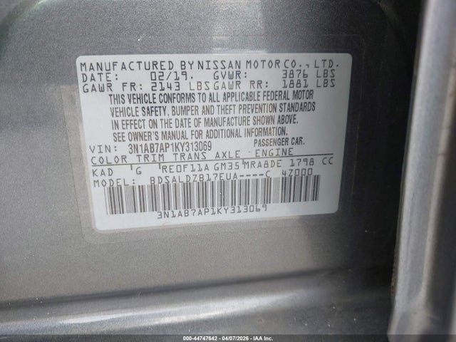 44747642 :رقم المزاد ، 3N1AB7AP1KY313069 vin ، 2019 Nissan Sentra Sv مزاد بيع