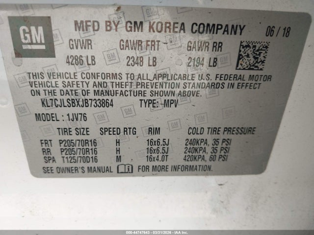 44747643 :رقم المزاد ، KL7CJLSBXJB733864 vin ، 2018 Chevrolet Trax Lt مزاد بيع
