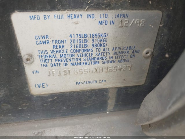 44747645 :رقم المزاد ، JF1SF6556XH725487 vin ، 1999 Subaru Forester S مزاد بيع