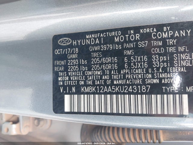 2019 Hyundai Kona Se მანქანა იყიდება აუქციონზე, vin: KM8K12AA5KU243187, აუქციონის ნომერი: 44747653