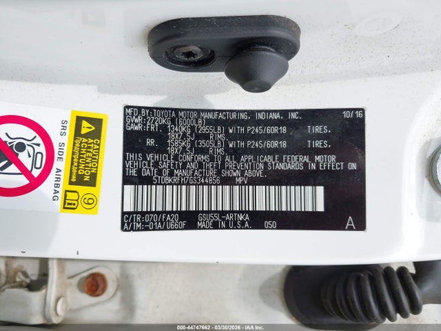 44747662 :رقم المزاد ، 5TDBKRFH7GS344856 vin ، 2016 Toyota Highlander Le Plus V6 مزاد بيع