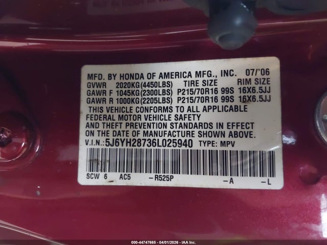 2006 Honda Element Ex-p მანქანა იყიდება აუქციონზე, vin: 5J6YH28736L025940, აუქციონის ნომერი: 44747665