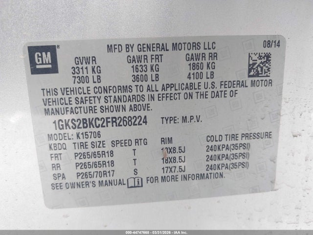 44747668 :رقم المزاد ، 1GKS2BKC2FR268224 vin ، 2015 Gmc Yukon Slt مزاد بيع
