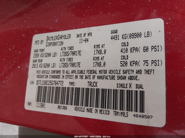 2005 Dodge Ram 3500 Slt/laramie მანქანა იყიდება აუქციონზე, vin: 3D7LS38C25G764772, აუქციონის ნომერი: 44747687