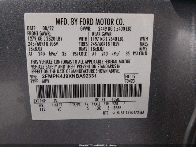 44747703 :رقم المزاد ، 2FMPK4J9XNBA92331 vin ، 2022 Ford Edge Sel مزاد بيع