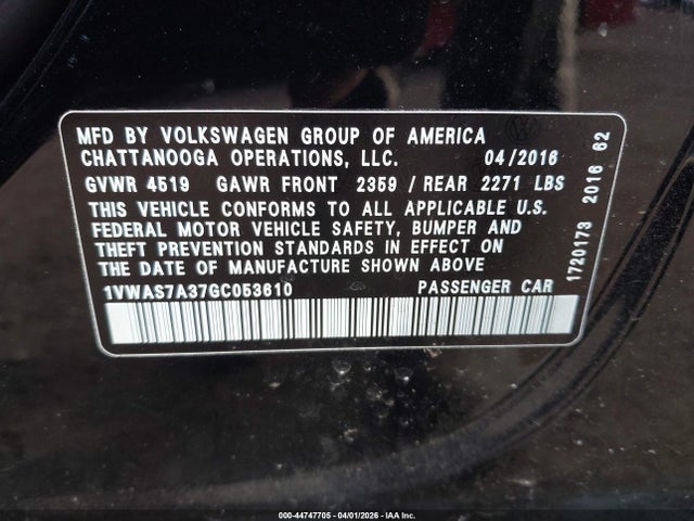 44747705 :رقم المزاد ، 1VWAS7A37GC053610 vin ، 2016 Volkswagen Passat 1.8t S مزاد بيع