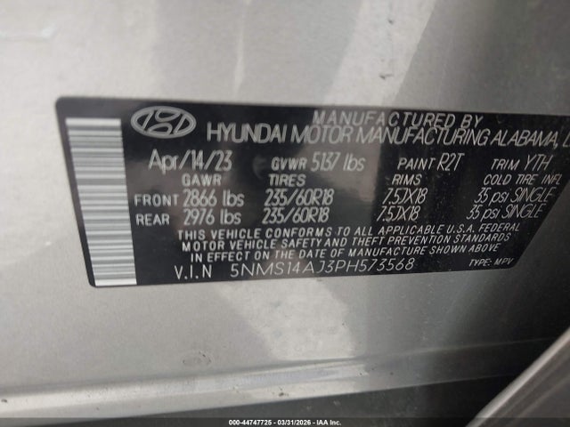 2023 Hyundai Santa Fe Se მანქანა იყიდება აუქციონზე, vin: 5NMS14AJ3PH573568, აუქციონის ნომერი: 44747725
