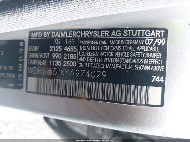 2000 Mercedes-benz E 320 მანქანა იყიდება აუქციონზე, vin: WDBJF65JXYA974029, აუქციონის ნომერი: 44747730