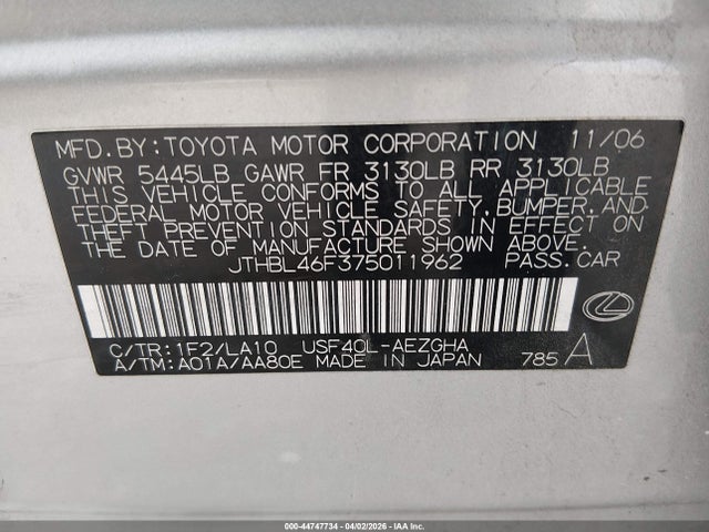 44747734 :رقم المزاد ، JTHBL46F375011962 vin ، 2007 Lexus Ls 460 مزاد بيع