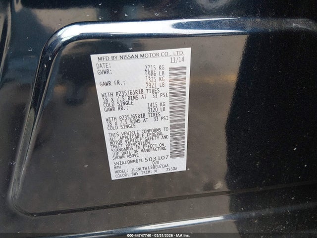 2015 Infiniti Qx60 მანქანა იყიდება აუქციონზე, vin: 5N1AL0MM6FC503107, აუქციონის ნომერი: 44747740