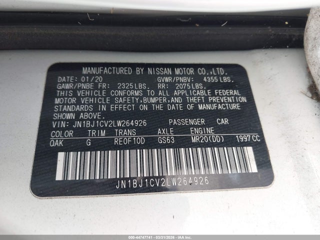 44747741 :رقم المزاد ، JN1BJ1CV2LW264926 vin ، 2020 Nissan Rogue Sport S Fwd Xtronic Cvt مزاد بيع