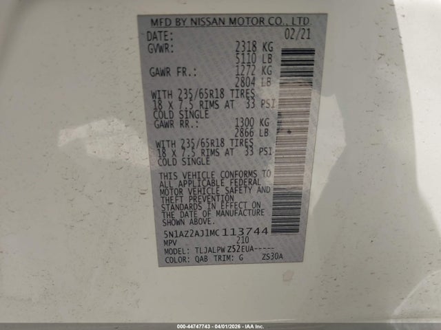 2021 Nissan Murano S Fwd მანქანა იყიდება აუქციონზე, vin: 5N1AZ2AJ1MC113744, აუქციონის ნომერი: 44747743