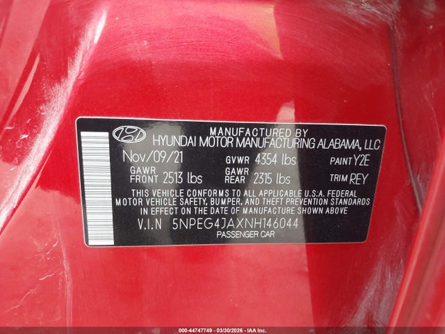 Продаж на аукціоні авто 2022 Hyundai Sonata Se, vin: 5NPEG4JAXNH146044, номер лоту: 44747749