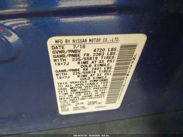 44747751 :رقم المزاد ، JN8AT2MV1JW350852 vin ، 2018 Nissan Rogue Sl مزاد بيع