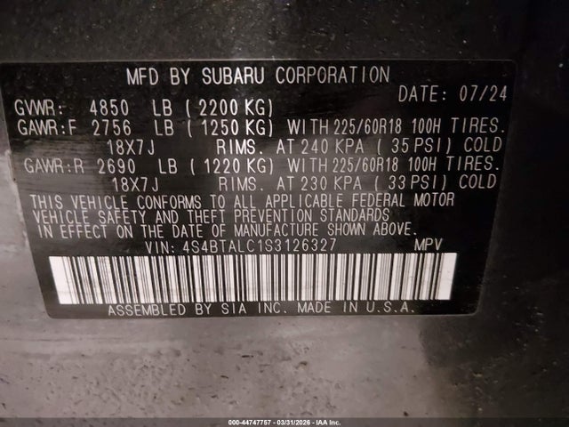 44747757 :رقم المزاد ، 4S4BTALC1S3126327 vin ، 2025 Subaru Outback Onyx Edition مزاد بيع