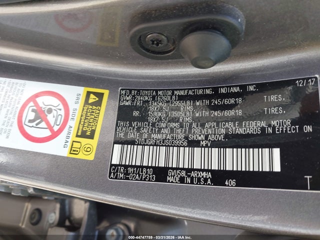 5TDJGRFH3JS039956 Toyota Highlander Hybrid Xle
