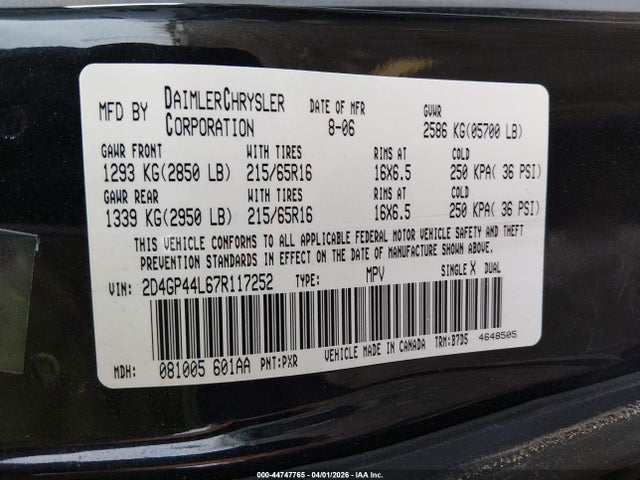Aukcja sprzedaży 2007 Dodge Grand Caravan Sxt, vin: 2D4GP44L67R117252, numer aukcji: 44747765